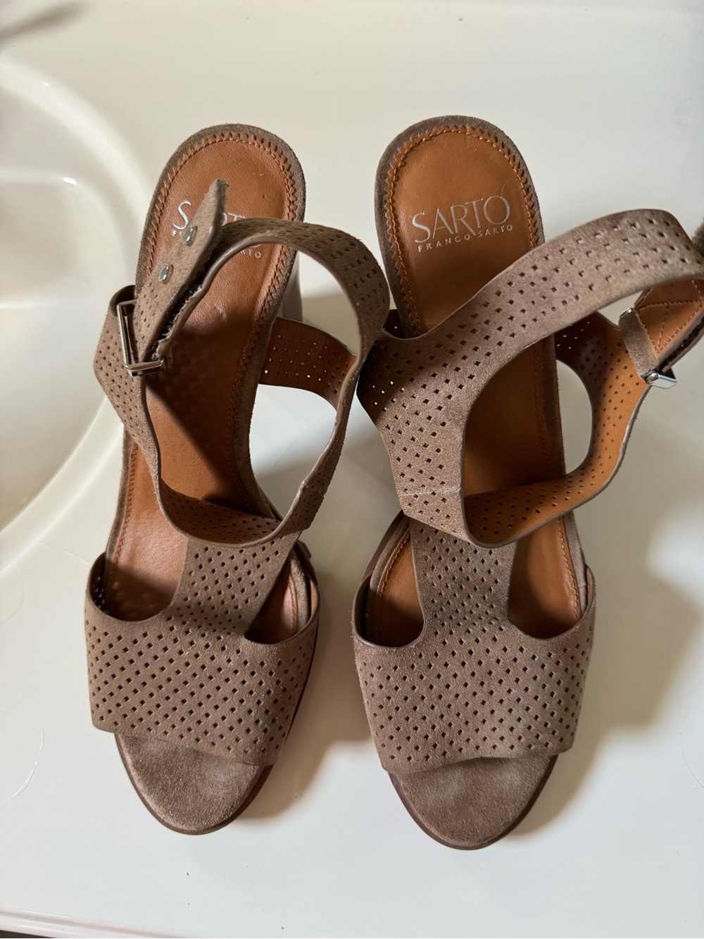 Franco Sarto Taupe Perforated Suede Ankle-Strap Heels